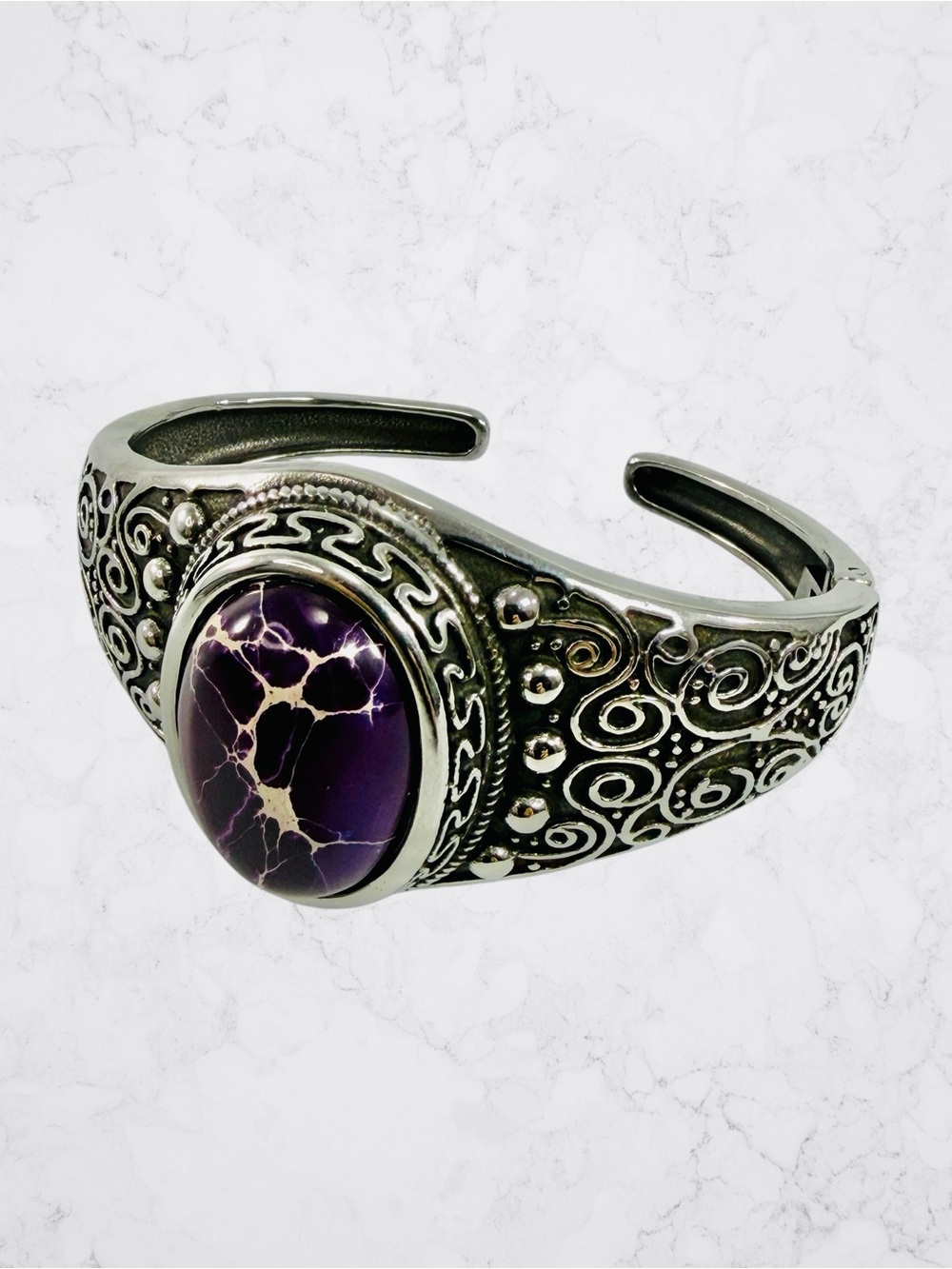 Silver Tone Filigree Oval Purple Cabochon Stone Hinged Cuff Bracelet Veined 7”